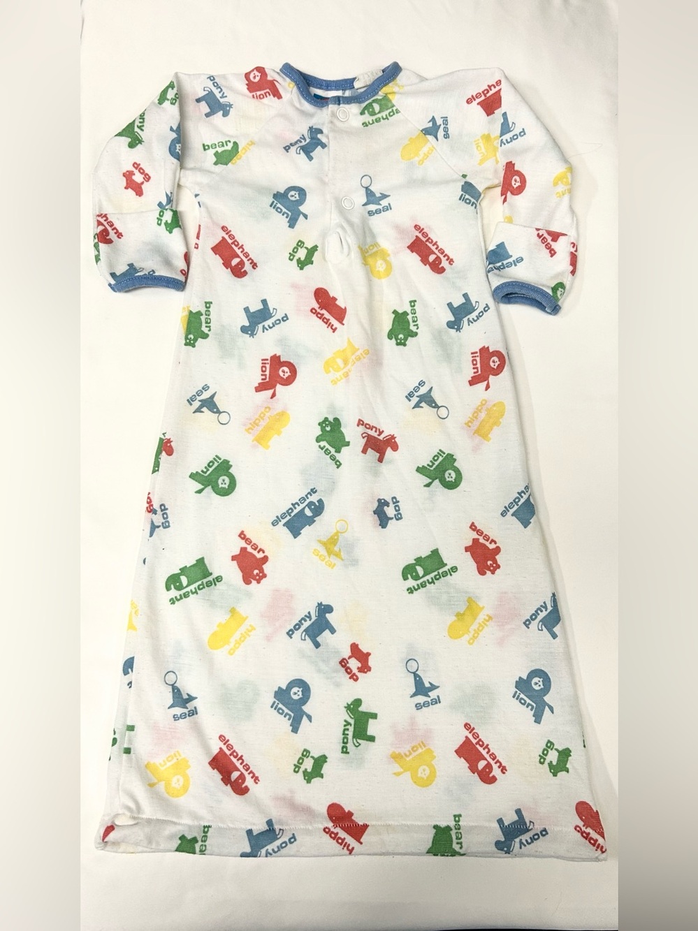 Vintage 1980s Carters Baby Sleep Gown 3-6 Months White Animal Print Tie Bottom